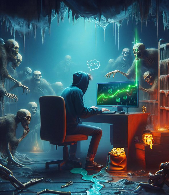AI-generated illustration of a hooded figure at a computer displaying a green crypto chart, surrounded by skeletal creatures in a dark cavern, with money spilling from a bag on the desk.