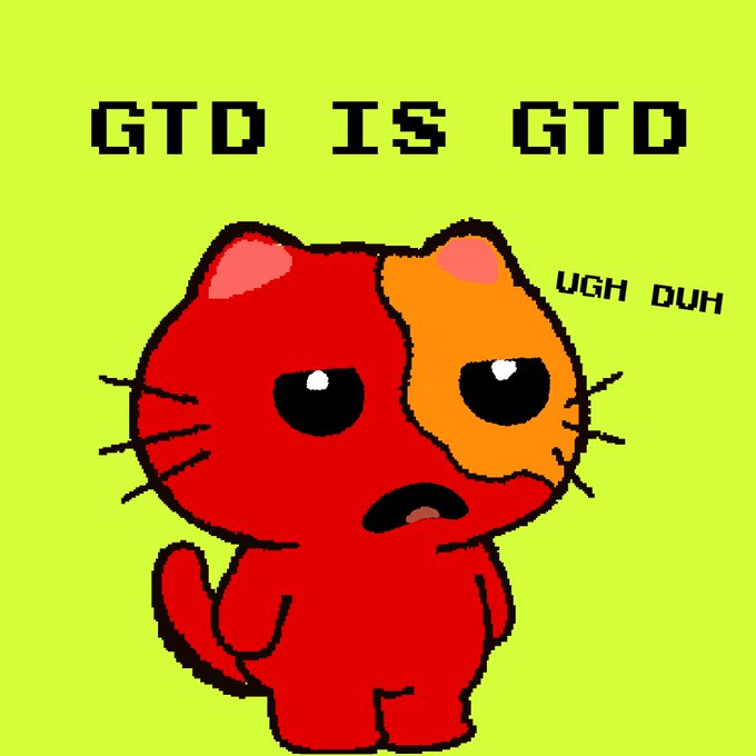 A pixel-art red and orange cat with a deadpan expression sits on a lime green background, with pixelated text reading "GTO IS GTO" above and "UGH DUH" to the side, humorously conveying skepticism about the NFT whitelist giveaway promoted in the post.