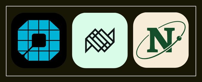 Three app icons displayed side by side on a dark background: a teal pixelated square logo (likely representing $FLOP), a light green icon with a geometric "M" design, and a cream-colored icon featuring a green "N" with an orbital ring (likely representing the Newton/N project). The icons appear to correspond to the three projects mentioned in the post that the user plans to study over the weekend.