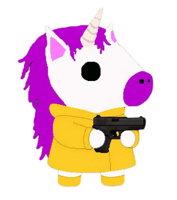 A crude MS Paint-style drawing of a white unicorn with a purple mane wearing a yellow hoodie while holding a black handgun.
