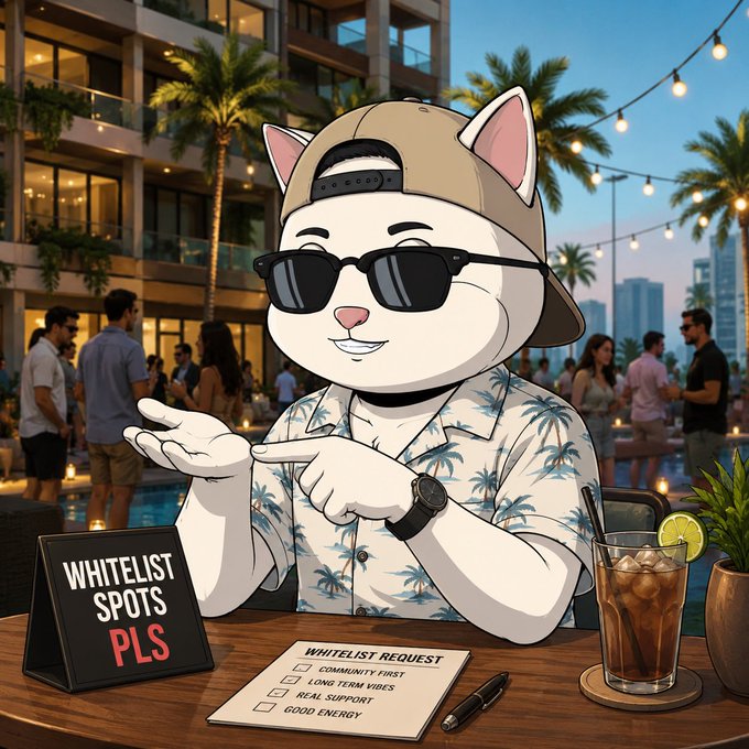 An illustrated white cat wearing sunglasses, a backward cap, and a Hawaiian shirt sits at a table with a 'WHITELIST SPOTS PLS' sign and a 'WHITELIST REQUEST' checklist, with a drink beside it in a tropical resort setting.