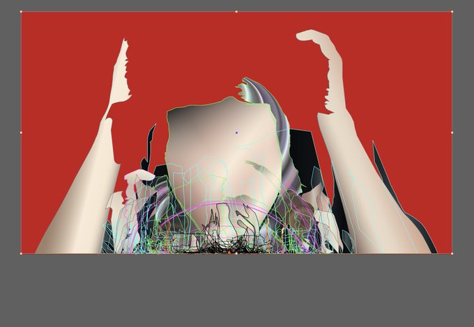 A surreal digital art composition showing two pale arms raised against a red background, with a distorted, glitchy figure in the center featuring wireframe lines and abstract shapes.