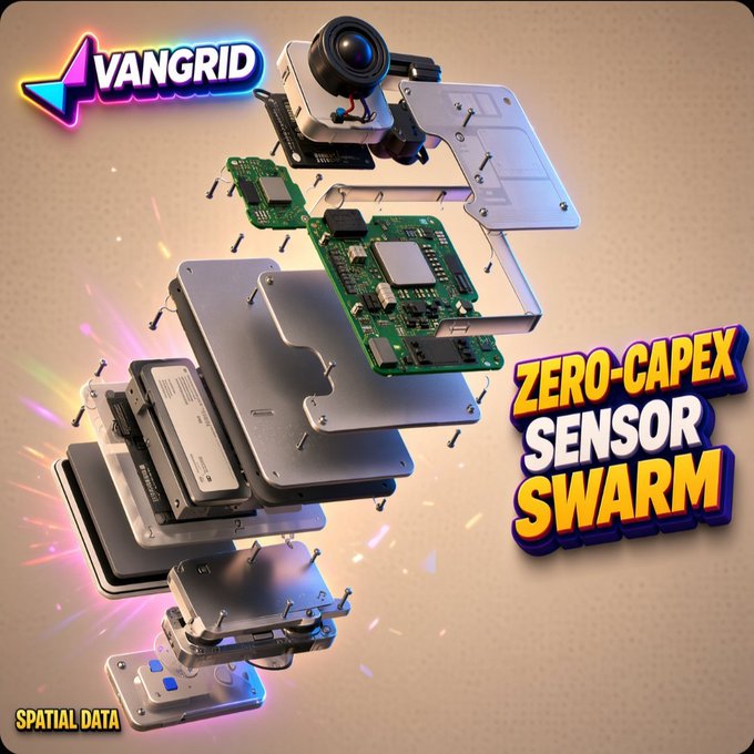 A 3D promotional graphic for "VANGRID" displaying an exploded view of an electronic device's internal components, with text reading "ZERO-CAPEX SENSOR SWARM" and "SPATIAL DATA".