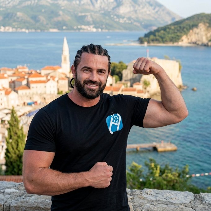 A smiling man with braided hair and a beard poses with a flexed bicep, wearing a black t-shirt with a blue and white 'H' logo, against a scenic coastal backdrop.