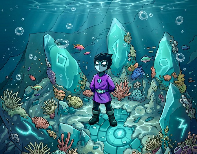 The image features a cartoon character standing in an underwater scene with various sea creatures surrounding him. The character appears to be wearing a purple outfit and has a mask on. In the background, there are large rocks that add to the overall atmosphere of the scene. The caption reads "In the depths, our hero waits... Surrounded by ancient power and silent oceans." This description suggests that the underwater setting is part of an adventure or story involving the character's hero.