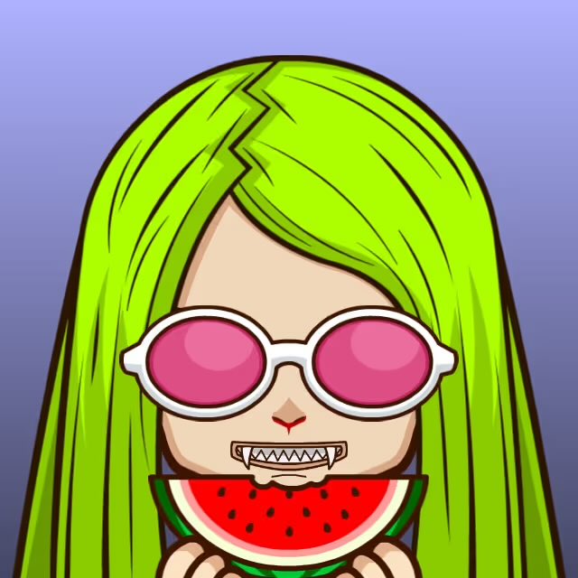 Cartoon illustration of a green-haired character wearing pink round sunglasses, biting into a slice of watermelon.