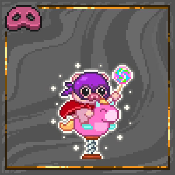A pixel art image shows a character with purple hair riding a pink floating vehicle while holding a swirl lollipop, with a pink mask icon in the top left corner.