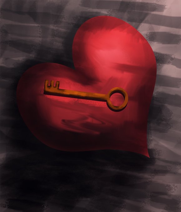 A digital painting of a red heart with a golden key lying across it, set against a dark, abstract striped background.