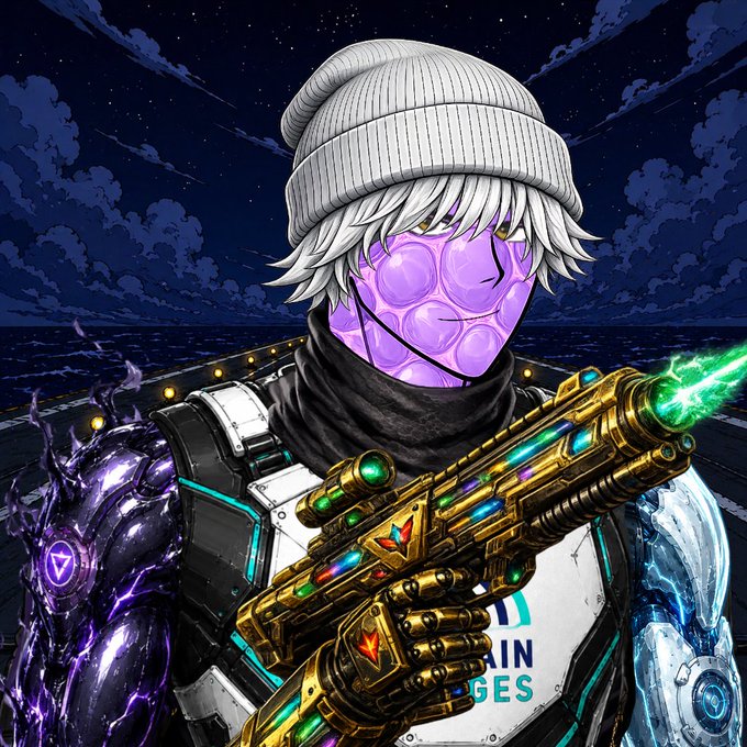 Anime-style illustration of a character wearing a beanie and a purple bubble-patterned mask, holding an ornate gold gun that fires a green energy beam.