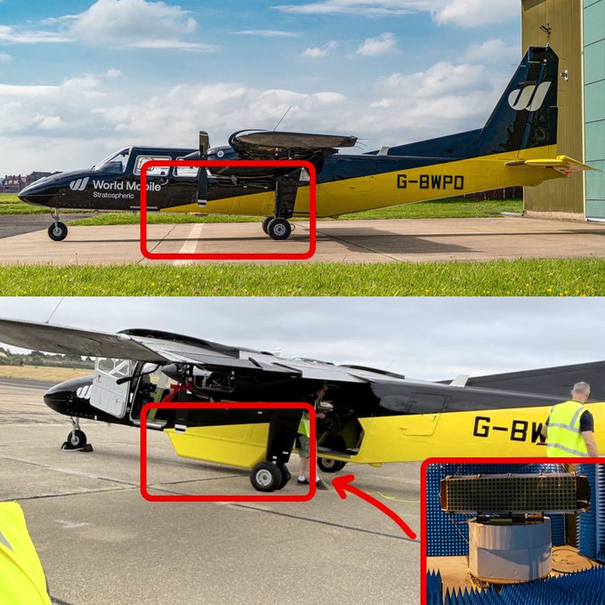 Two photographs of a 'World Mobile Stratospheric' aircraft with registration 'G-BWPO' highlight the landing gear and undercarriage components with red boxes, showing both the complete plane on a tarmac and a close-up of the wheel assembly.