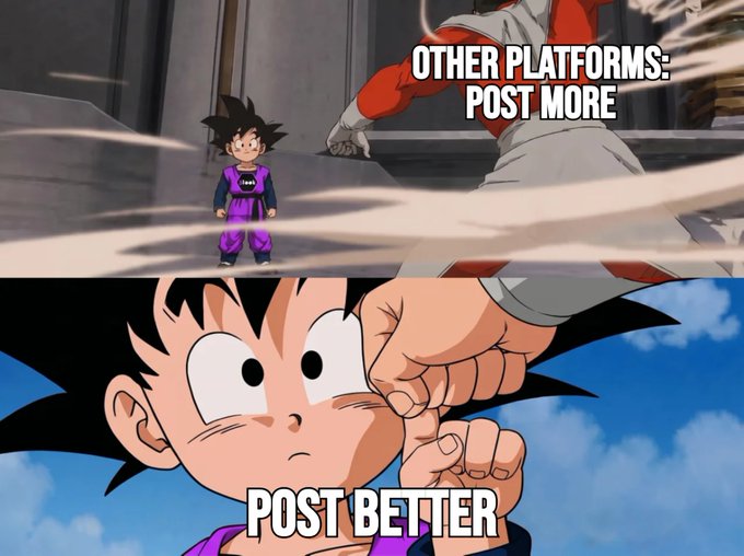 The image shows a cartoon character with a dragon face standing next to another cartoon character wearing a red shirt. The text above them reads "Other platforms: Post more", while below them, there's a caption that says "Post better".