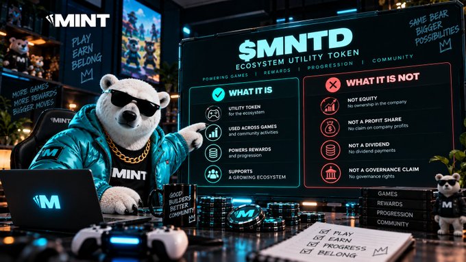 A promotional image for the 'MNT' ecosystem features a bear mascot wearing sunglasses and a gold chain pointing to a digital display that outlines the 'SMNTD' utility token's features and what it is not.