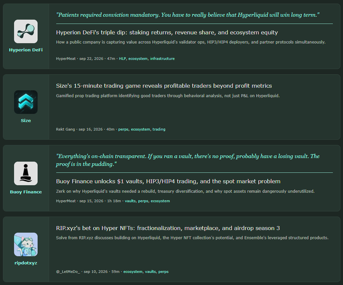 A dark-themed news feed displaying four articles with thumbnails and titles, including 'Hyperion DeFi's triple dip', 'Size's 15-minute trading game', 'Buoy Finance unlocks $1 vaults', and 'RIP.xyz's bet on Hyper NFTs'.