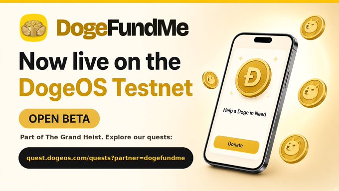Promotional banner for DogeFundMe announcing it is now live on the DogeOS Testnet, with an “OPEN BETA” label and the URL “quest.dogeos.com/quests?partner=dogefundme.” A smartphone graphic displays a Doge coin, the text “Help a Doge in Need,” and a “Donate” button, surrounded by floating Doge coins.