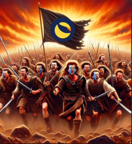 "@#LUNC is going $0.01". This seems to be an indication that the artist who created this artwork decided to charge a low price for the digital art, probably to attract more viewers or users due to its simplicity or accessibility compared to other forms of art like paintings or sculptures. In the image itself, there are several men dressed in medieval attire running with swords and banners, which may be reminiscent of battles that occurred during periods such as medieval times or a historical event depicted through digital media.