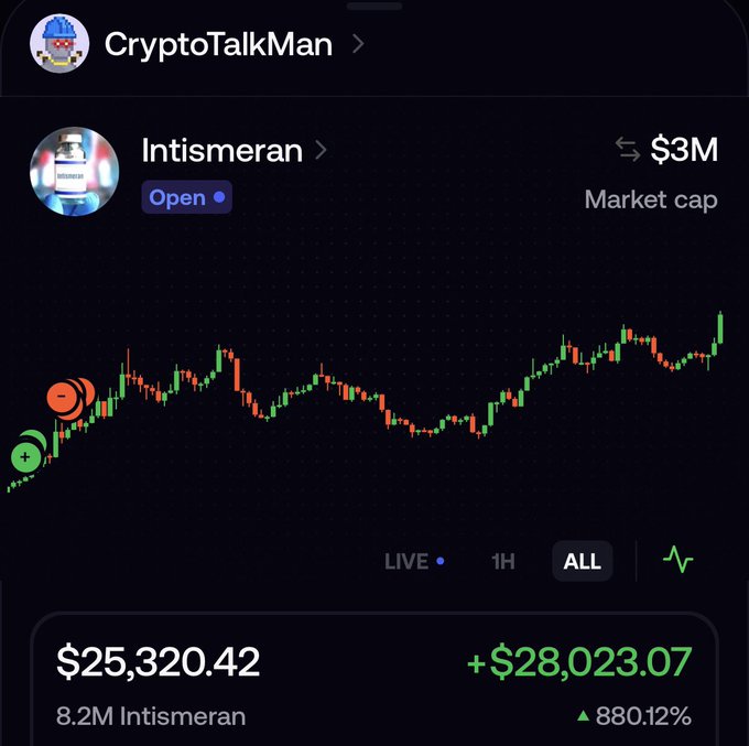 A mobile trading chart shows the Intismeran token reaching a $3M market cap milestone, displaying an 880.12% gain with a price of $25,320.42 and a holding of 8.2M tokens. The image aligns with CryptoTalkMan's celebratory post announcing the "cancer vaccine" token's all-time high achievement.