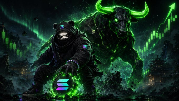 A digital artwork featuring a bear in a hooded jacket holding a glowing Solana logo, with a green glowing bull behind it, set against a backdrop of stock candlestick charts rising upward, symbolizing bullish crypto market sentiment.