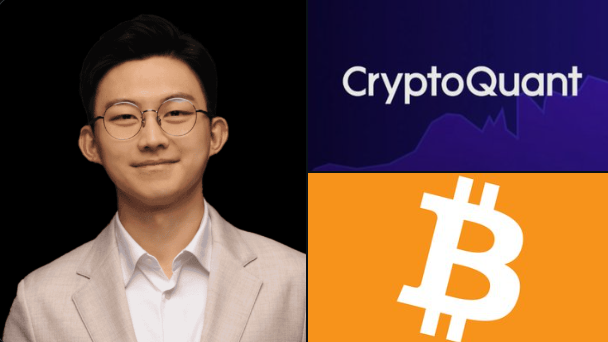 A man with glasses stands beside the CryptoQuant logo and a Bitcoin (BTC) symbol on an orange background, visually representing CryptoQuant CEO Ki Young Ju and his bullish hint about upcoming Bitcoin market relief.