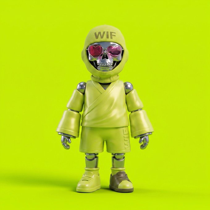 A 3D rendered green robot-style character wearing sunglasses, a hoodie labeled 'WIF', shorts, and sneakers against a bright neon green background.