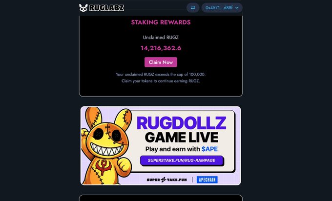 A screenshot of the Ruglabz (RUGZ) staking rewards dashboard showing 14,216,362.6 unclaimed RUGZ with a "Claim Now" button, alongside a RUGDOLLZ Game Live promotional banner offering play-and-earn with $APE on Super Stake.Fun.