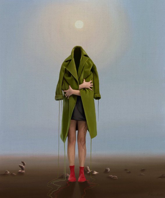 A surreal painting of a figure wearing an oversized olive-green coat with the head hidden inside the hood, while two small arms emerge from the chest area, and a single hand extends from beneath red boots touching the ground.
