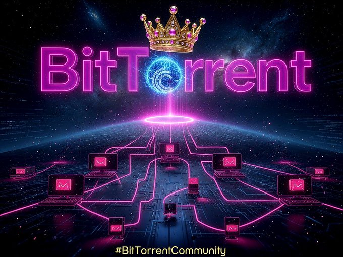 A neon-styled BitTorrent promotional graphic with a glowing pink and purple 'BitTorrent' logo topped with a crown, connected to multiple device screens against a cosmic background, tagged #BitTorrentCommunity.
