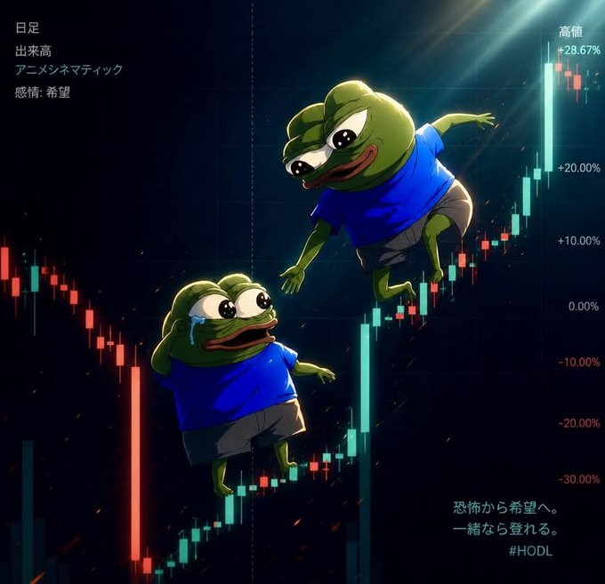 A meme featuring two Pepe the Frog characters—one crying in despair on a declining red candlestick and another hopeful and leaping upward on a rising green candlestick—overlaying a Japanese stock chart labeled "出来高：アニメシネマティック, 感情：希望" (Volume: Anime Cinematic, Emotion: Hope) with a peak of +28.67%, captioned "恐怖から希望へ。一緒なら登れる。" (From fear to hope. Together we can climb.), tying into the post's optimistic message about August bringing huge profits through manifestation.