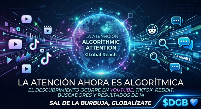 The image features a large blue globe surrounded by various social media icons such as YouTube, TikTok, Twitter, Instagram, Facebook, and Google. The text "La atención ahora es algorítmica" suggests that the image is promoting an interest in social media or technology. The post also mentions the importance of global reach for businesses to connect with their audience effectively.