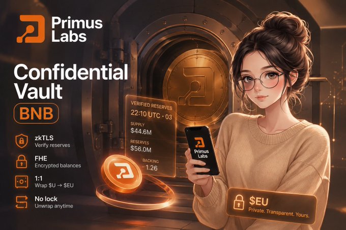 A promotional graphic for 'Primus Labs Confidential Vault BNB' featuring an anime-style woman holding a phone, with details like 'zkTLS', 'FHE', '1:1 Wrap $U → $EU', and 'Verified Reserves 22:10 UTC • 03'.