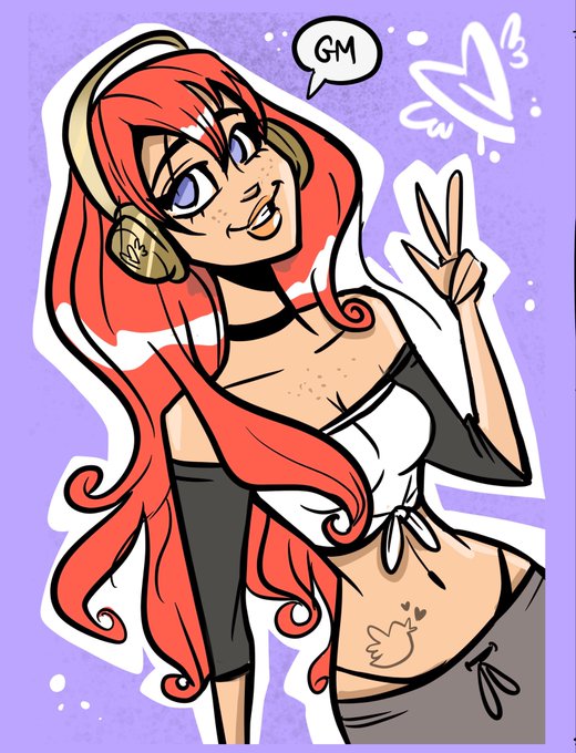 A stylized illustration shows a red-haired anime-style woman with headphones saying 'GM' in a speech bubble, making a peace sign and wearing a white top with a paw print tattoo on her hip.