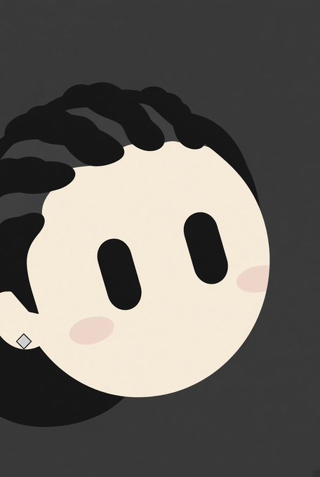A minimalist cartoon illustration of a character's face with large dark oval eyes, pink cheeks, and black wavy hair against a dark gray background.