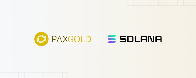 The image shows the PAXGOLD (PAXG) logo alongside the Solana logo, visually representing Paxos's launch of its tokenized gold asset on the Solana blockchain for the first time, as announced in the post.