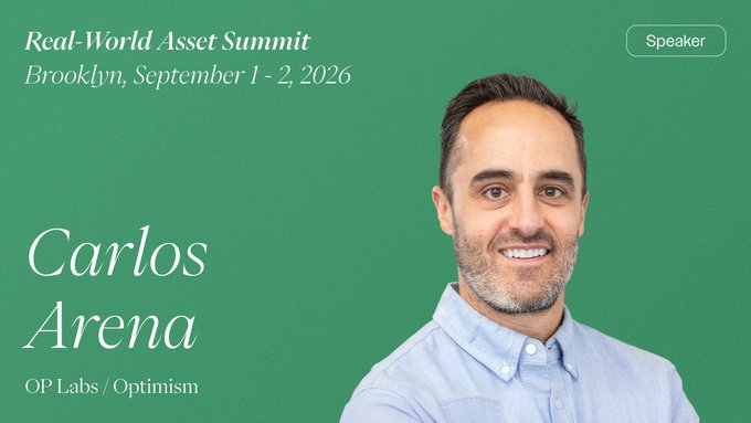 The image is a promotional speaker announcement for Carlos Arena of OP Labs/Optimism, featured at the Real-World Asset Summit in Brooklyn on September 1-2, 2026, with a green background and the "Speaker" label in the top right corner. This aligns with the post highlighting Carlos Arena's participation as a panelist discussing the pros and cons of public blockchains for finance on September 1 at 10:40 AM.