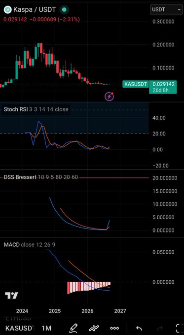 A TradingView chart showing the Kaspa/USDT pair (KASUSDT) trading at 0.029142, with indicators including Stoch RSI, DSS Bressert, and MACD displayed below the candlestick chart.