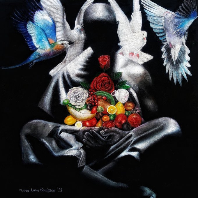 A painting titled 'Moses Love Boniface '22' depicting a dark, silhouetted figure holding a vibrant arrangement of fruits and roses, surrounded by flying white and blue birds.