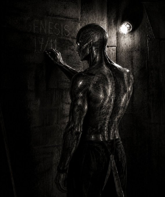 A dark, atmospheric black-and-white image of a tattooed, muscular figure writing 'GENESIS 17:4' on a concrete wall, illuminated by a single light bulb.