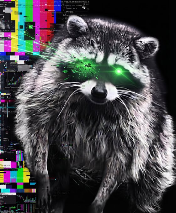 A glitch art image of a raccoon with glowing green laser eyes, set against a background of distorted computer code and colorful visual artifacts.