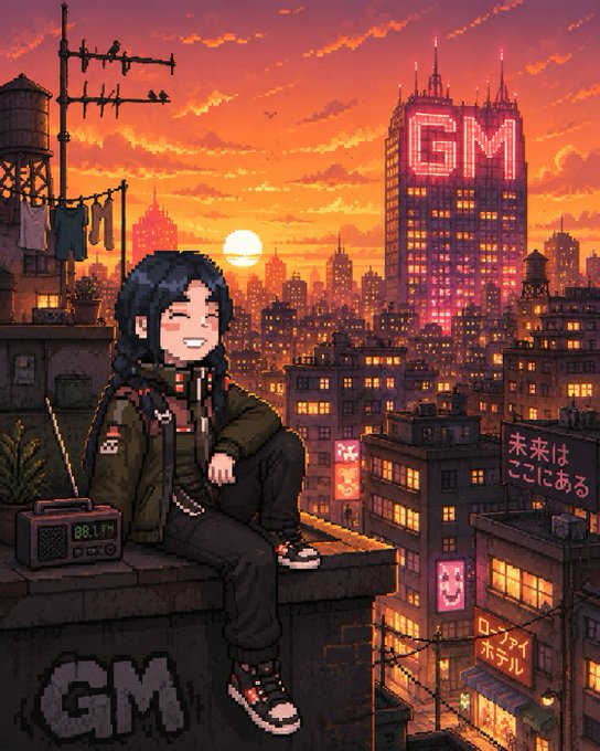 A pixel art illustration of a girl sitting on a rooftop at sunset with a cityscape behind her, featuring a 'GM' neon sign on a building and Japanese text including '未来はここにある' (The future is here).