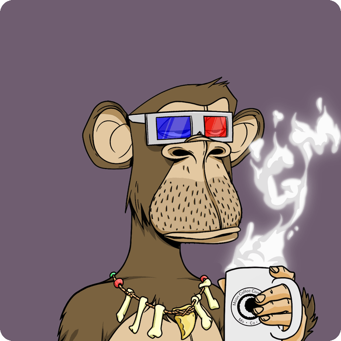 The image features a cartoon monkey wearing glasses, holding a coffee cup with its left hand while standing against a purple background. The caption below the image reads "GM to everyone If your bags are down pivot to @apecoin". This suggests that the image is related to a social media post or advertisement promoting a product or service named '@apecoin'.