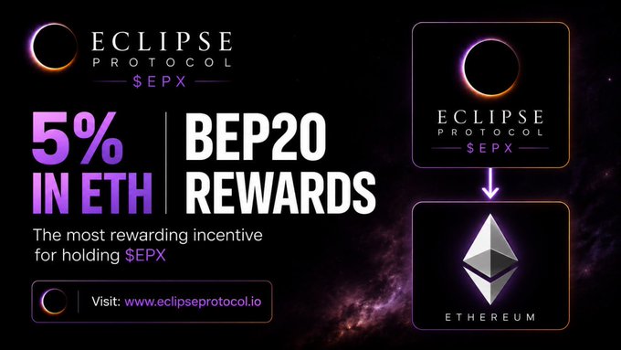 A promotional graphic for Eclipse Protocol's $EPX token presale, featuring the Eclipse Protocol and Ethereum logos with bold text highlighting "5% IN ETH" and "BEP20 REWARDS" as the most rewarding incentive for holding $EPX, directing viewers to visit www.eclipseprotocol.io.