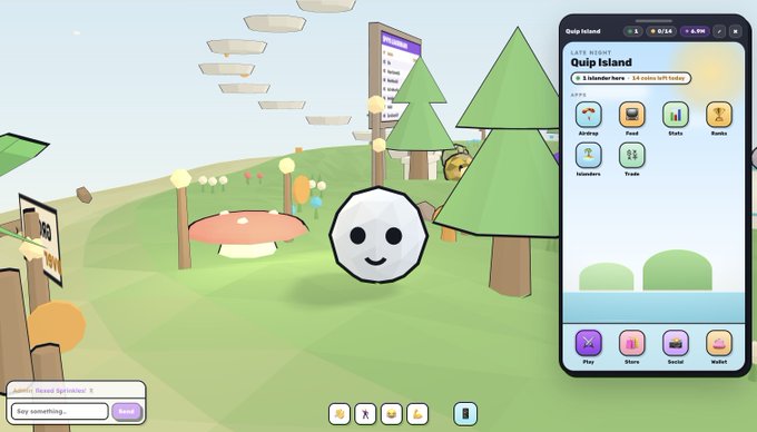 A screenshot of a virtual 3D game called "Quip Island" showing a small white round character in a grassy landscape with trees, mushrooms, and a phone interface on the right displaying apps like Airswap, Food, Stats, and Bundle.