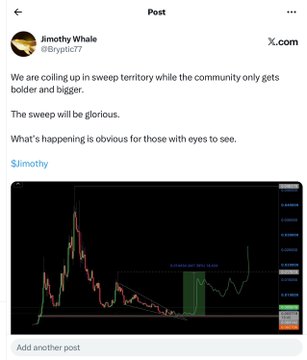 A screenshot of an X (formerly Twitter) post by Timothy Whale (@Bryptic77) discusses cryptocurrency market activity, stating "We are coiling up in sweep territory while the community only gets bolder and bigger. The sweep will be glorious," accompanied by a price chart showing a flagged zone.