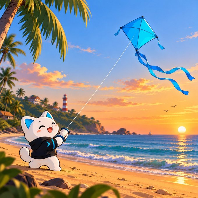 A cheerful cartoon white cat in a hoodie joyfully flies a blue kite along a sunset beach with palm trees and a lighthouse. The soaring kite visually echoes the post's message about letting your portfolio take flight and making your next onchain move.