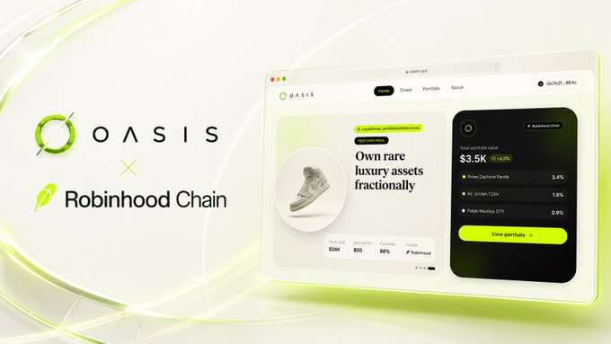 A promotional graphic announces the launch of $OASIS on Robinhood Chain, featuring the Oasis logo alongside the Robinhood Chain branding, with a screenshot of the oasisrbh.com platform displaying a luxury asset (Air Jordan 1 sneakers) available for fractional ownership with a portfolio value of $3.5K (+1.2%). The image visually reinforces the post's message about tokenizing rare collectibles into fractional onchain pools, showcasing a "Sneakers — 22 contracts" marketplace.