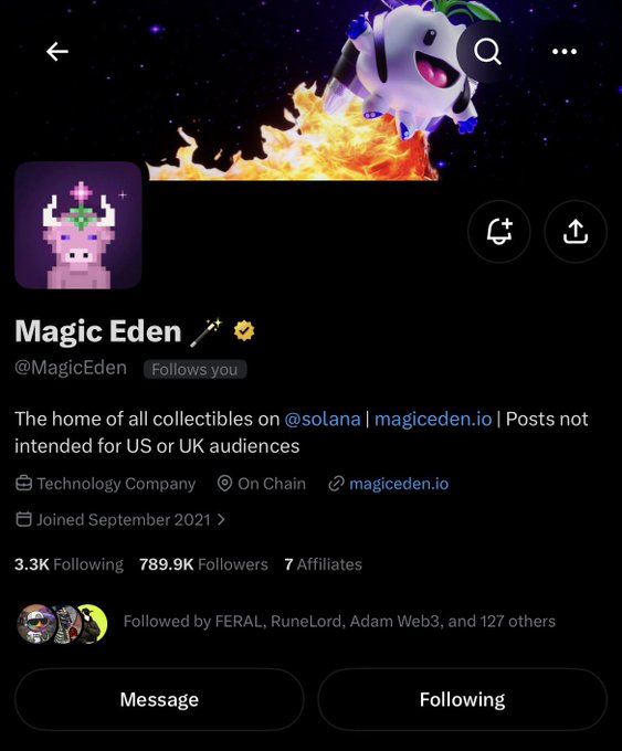 Twitter profile page for Magic Eden (@MagicEden), described as 'The home of all collectibles on @solana' with 789.9K followers and a website link to magiceden.io.
