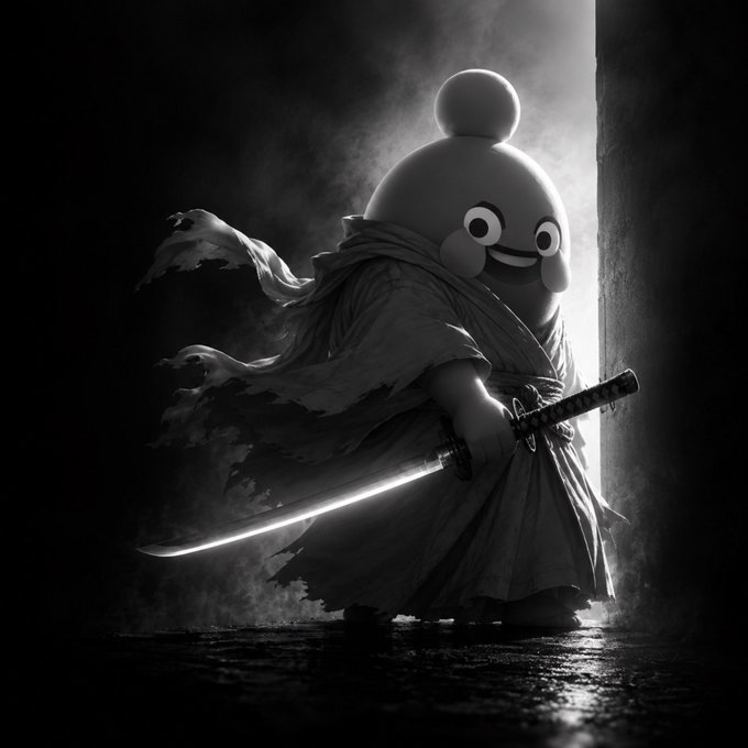 A stylized black and white illustration of a cartoon character dressed as a samurai wielding a glowing katana sword, emerging from smoke with dramatic lighting.