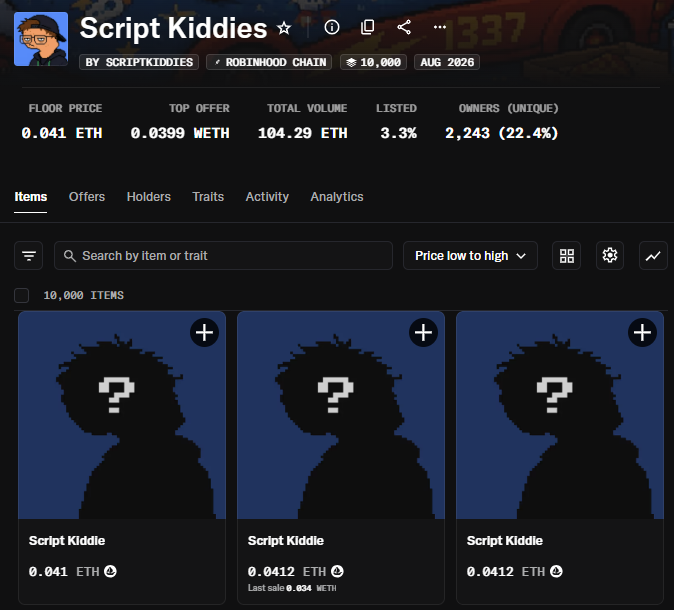 A screenshot of the Script Kiddies NFT collection on Open Sea showing a floor price of 0.041 ETH and total volume of 104.29 ETH, with the user expressing confusion over a bot that was constantly sweeping listings above 0.1 ETH—an unusually aggressive buying pattern for this 10,000-item collection.