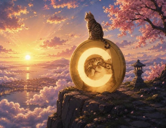 A tabby cat perches atop a glowing golden coin featuring a cat's face, set against a breathtaking sunrise above the clouds with cherry blossoms and a stone lantern in the scene. The image evokes the $CATE coin's feline theme, symbolizing its prominent and elevated status as a "top-tier" asset on Solana.
