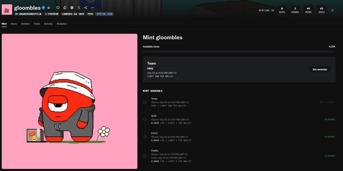 A webpage for 'gloombies' NFT project showing a 'Mint gloombies' interface with a red one-eyed cartoon character in a bucket hat and a 'Team' mint schedule.