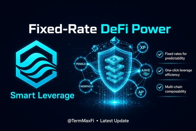 A promotional graphic titled 'Fixed-Rate DeFi Power' featuring the 'Smart Leverage' logo and listing benefits like fixed rates for predictability, one-click leverage efficiency, and multi-chain composability, with tokens like PENDLE, MORPHO, XP, AAVE, and AP shown. Tagged '@TermMaxFi'.